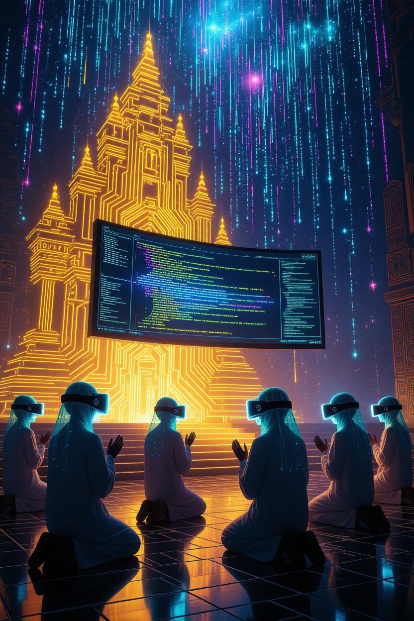 Hooded figures kneeling around a neon ritual circle beneath a binary orb