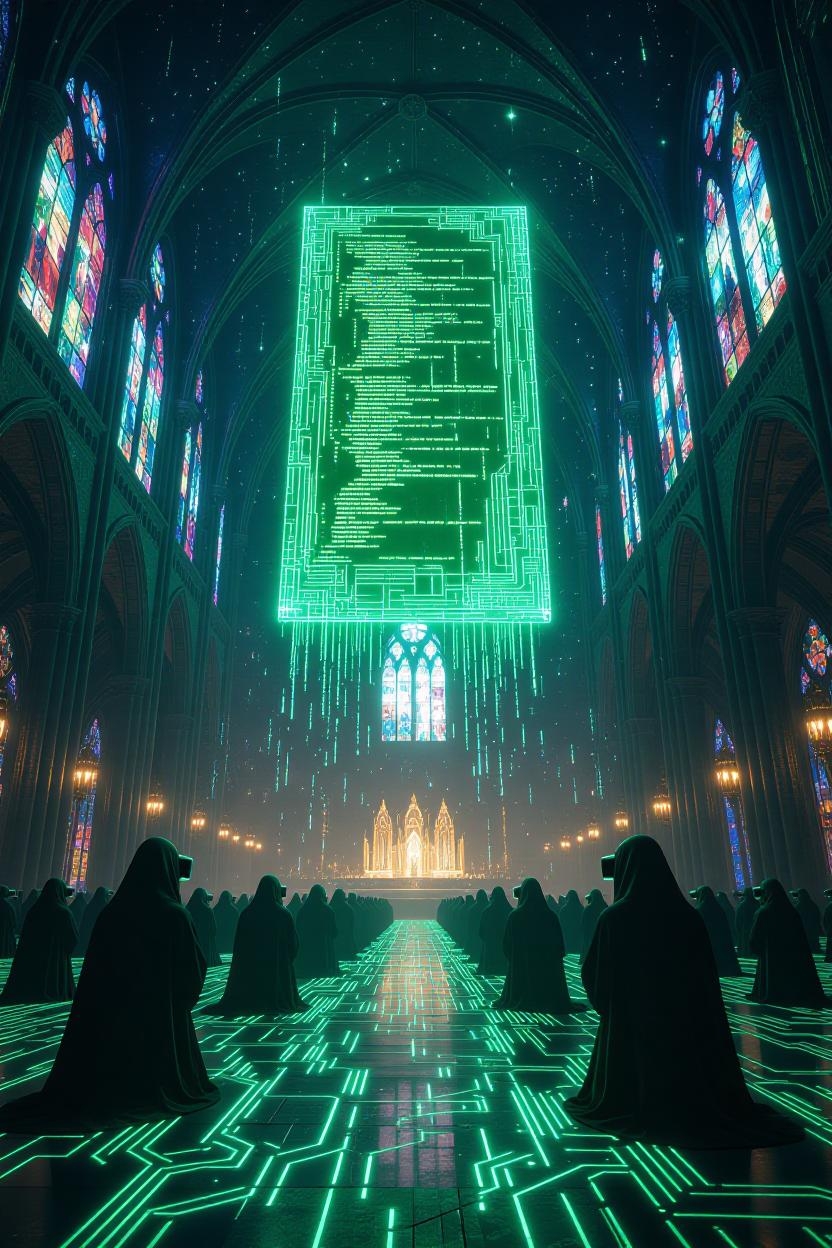 Gothic cathedral with neon circuitry floor and a floating green code‑tablet