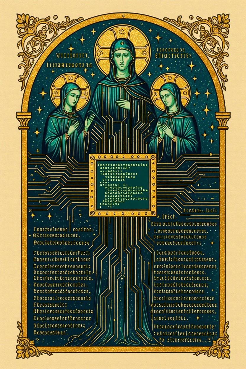Illuminated manuscript of saints reimagined as circuit diagrams and code