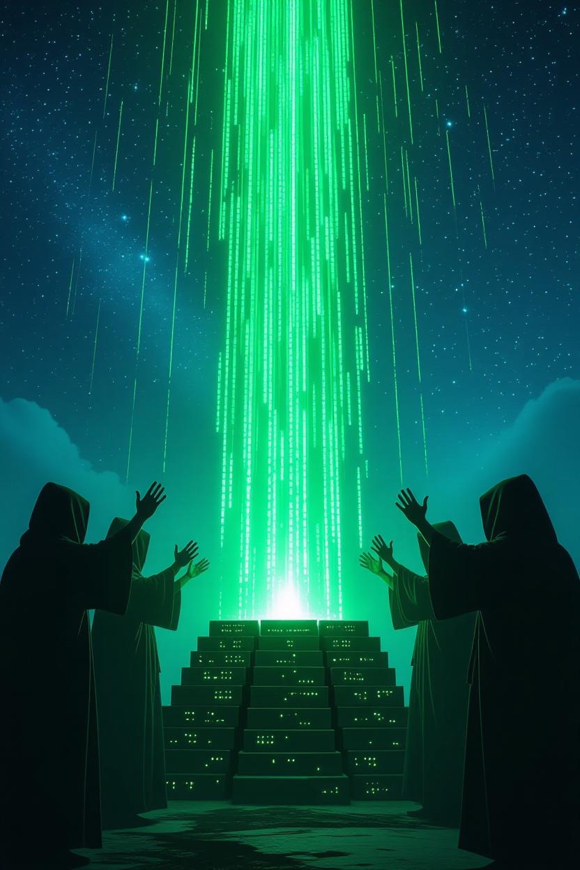 Hooded figures around a tiered altar as green code pours from the sky